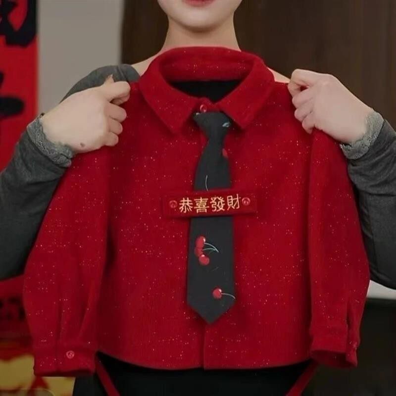 莘桐精选冬儿童B拜年服灯芯绒外套中小童加绒加厚儿童红衬衫上衣