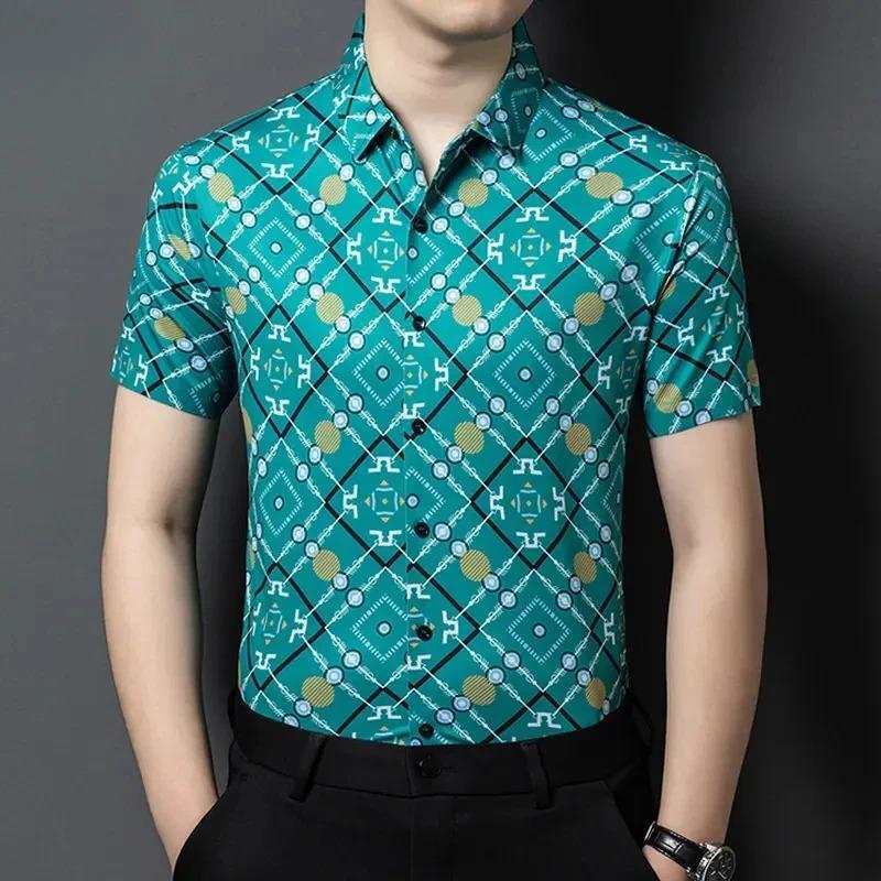 云枢优衣馆3夏季新款男士短袖花衬衫免烫印花透气薄款休闲花衬衫