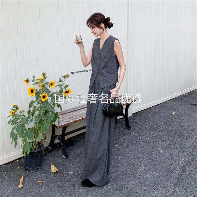 灰色老钱风西装背心阔腿裤两件套女2026夏气质时髦高智感显瘦套装