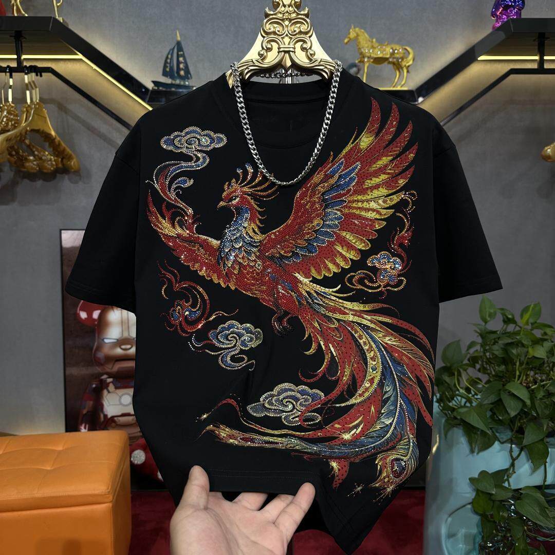 舵主衣仓LMVQ鎏金彩凤祥云T新款短袖印花烫钻潮男高品质重工圆领T