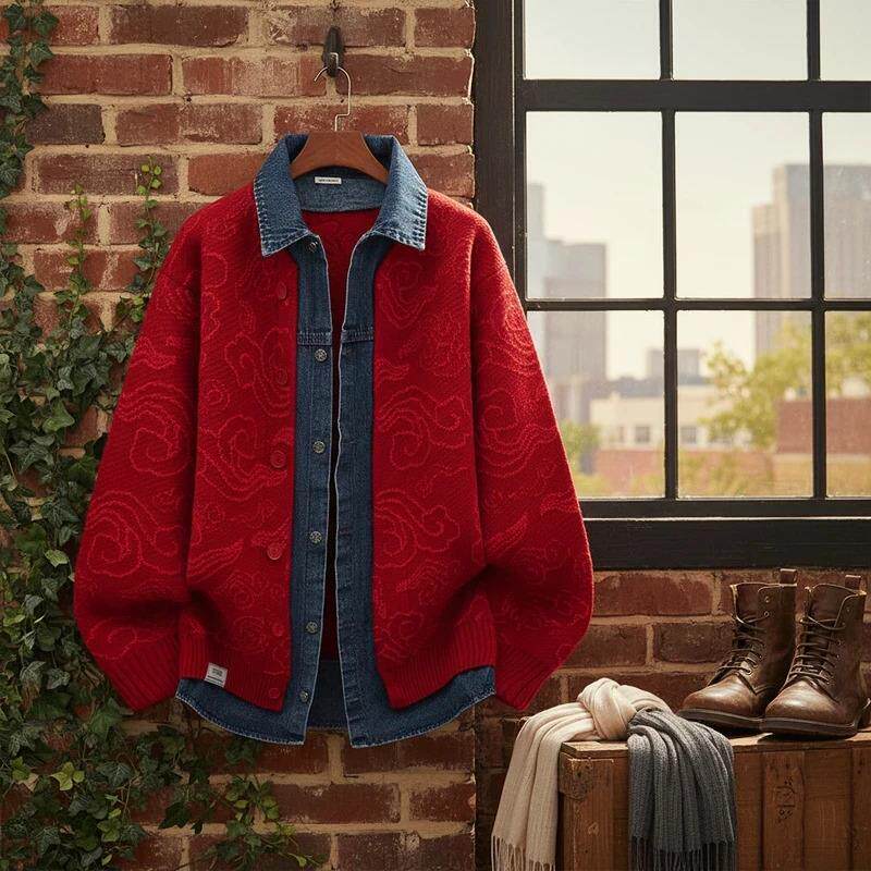 蕉幻伊明配饰专卖开衫毛衣男新年红色高牛仔拼接本命年针织衫宽松