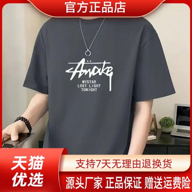康之源轻奢夏季轻奢男士纯棉重磅短袖t恤宽松圆领潮流韩印花半袖