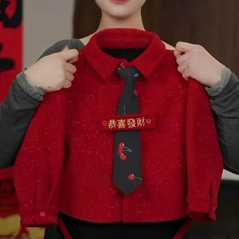 莘桐精选冬儿童拜年服灯芯绒外套中小童加绒加厚儿童红衬衫上衣