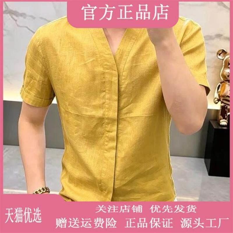 伯乐轻奢Amphelisia夏新款纯色V领衬衫男欧货显瘦修身高级感时尚