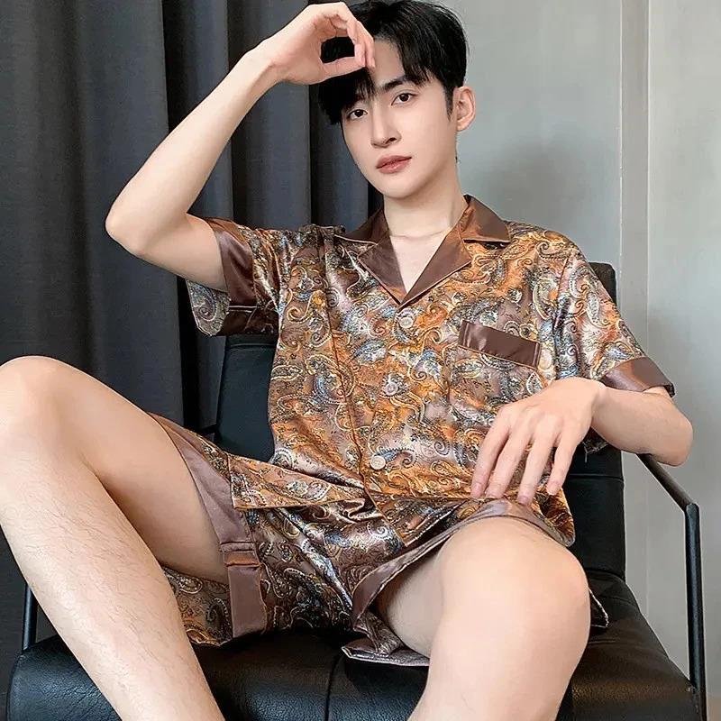 如奕名坊新款潮流冰丝网红睡衣男夏季短袖仿真丝薄男款家居服套装
