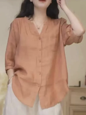 衬衫纯色七分袖衬衫上衣V领