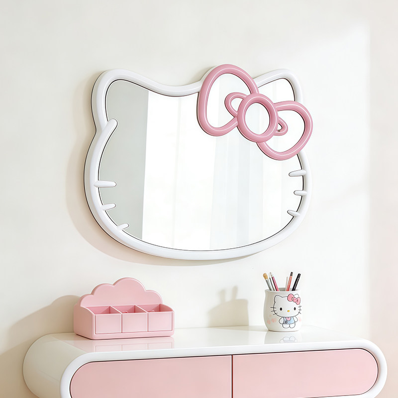 HelloKitty卡通化妆镜奶油风凯蒂猫造型可爱浴室镜创意艺术装饰镜