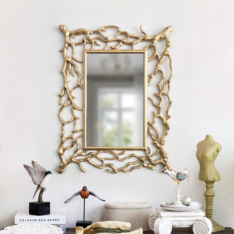 木质装饰镜壁挂玄关镜壁炉镜定制化妆镜金色卫浴镜壁炉挂镜新中式