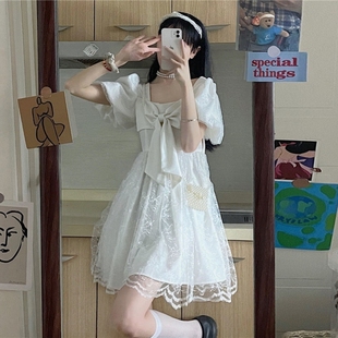 连衣裙子女 夏季 2024新款 甜美法式 网纱拼接收腰显瘦蝴蝶结方领短袖