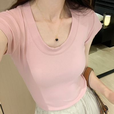 粉色螺纹正肩t恤女短袖夏季修身显瘦基础款短款紧身纯欲U领小上衣