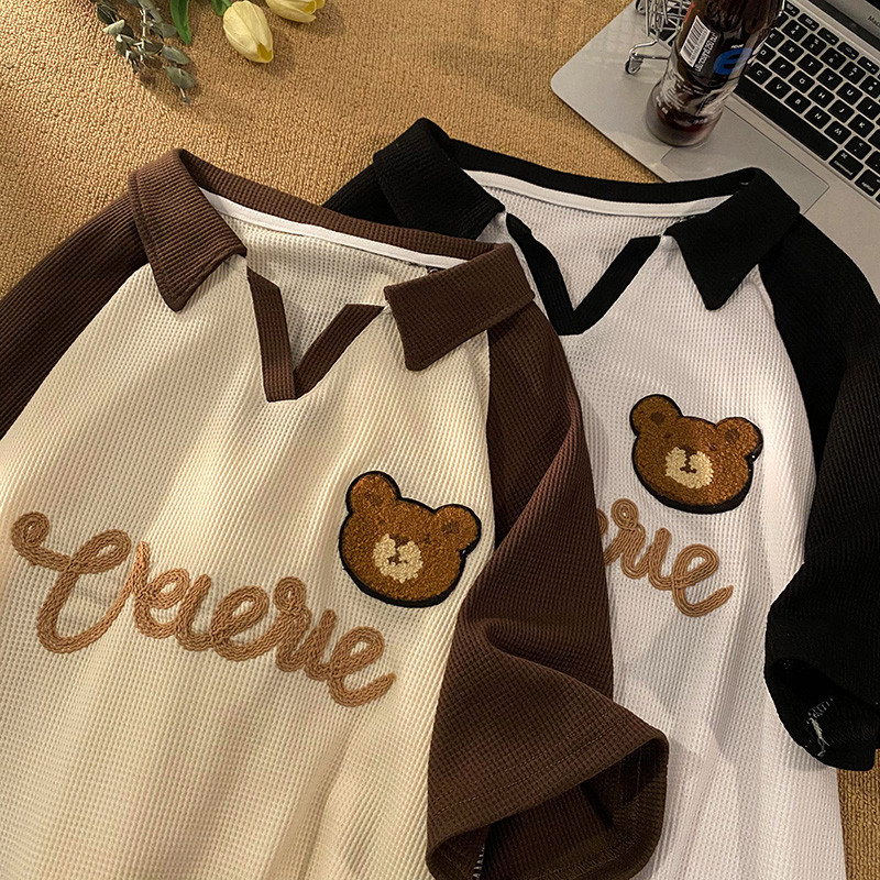 华夫格潮牌撞色POLO领刺绣小熊宽松半袖T恤衫5527-P35控45女类,女装T恤,电商B245A