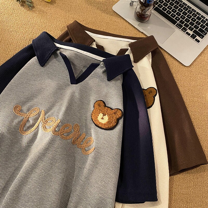 华夫格潮牌撞色POLO领刺绣小熊宽松半袖T恤衫5527-P35控45女类图片
