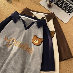 华夫格潮牌撞色POLO领刺绣小熊宽松半袖T恤衫5527-P35控45女类图片