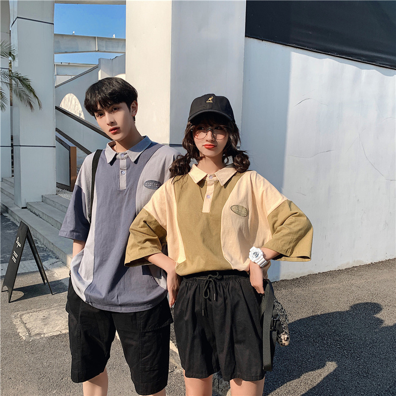 Student couple summer Hong Kong style color matching polo shirt half sleeve T-shirt Lapel short sleeve T-shirt