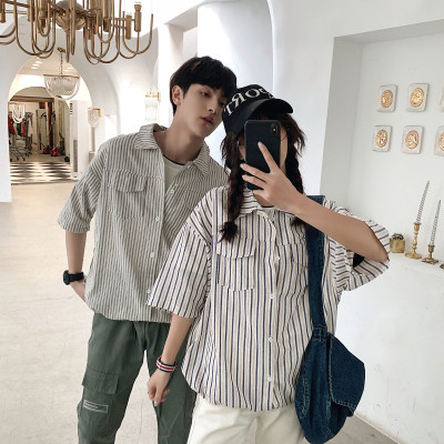 D802-P35男女学生潮牌撞色条纹宽松情侣装衬衣休闲短袖衬衫