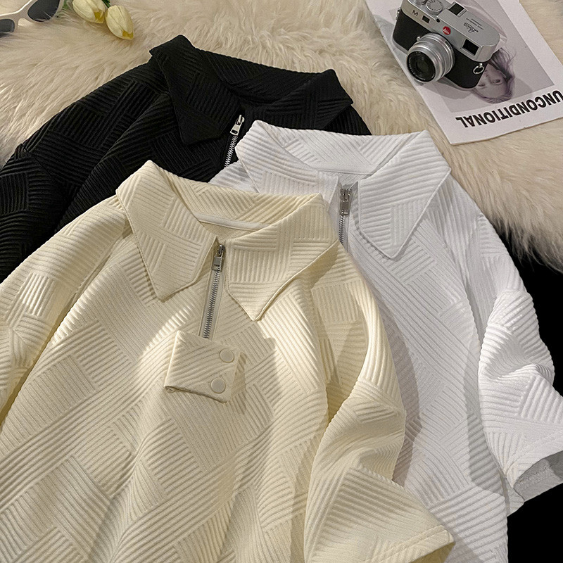 潮牌POLO领华夫格提花宽松半袖T恤短袖上衣5532-P40控49女类图片