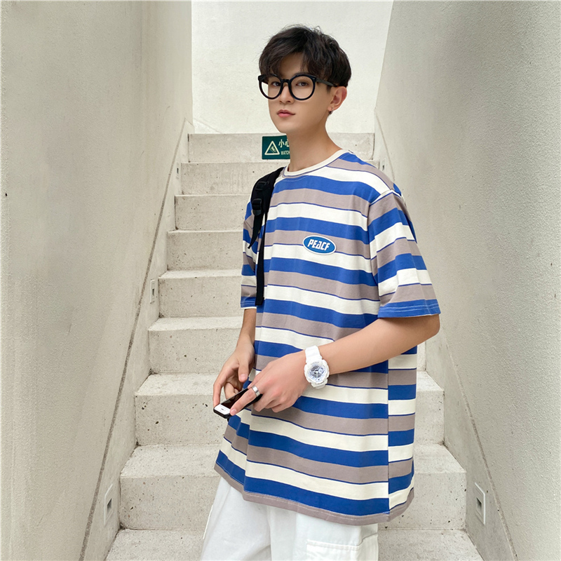 Art Hong Kong Style boys and girls striped half sleeve top lovers color striped short sleeve T-shirt