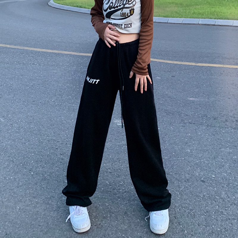 女类K2075P35高街潮垂感阔腿裤抽绳运动裤子宽松直筒百搭休闲卫裤,女装休闲裤,电商B245A