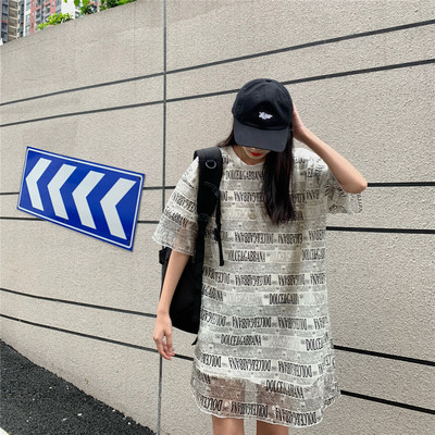 T899-P35假两件100%棉网红拼接网纱字母宽松女中长款T恤上衣