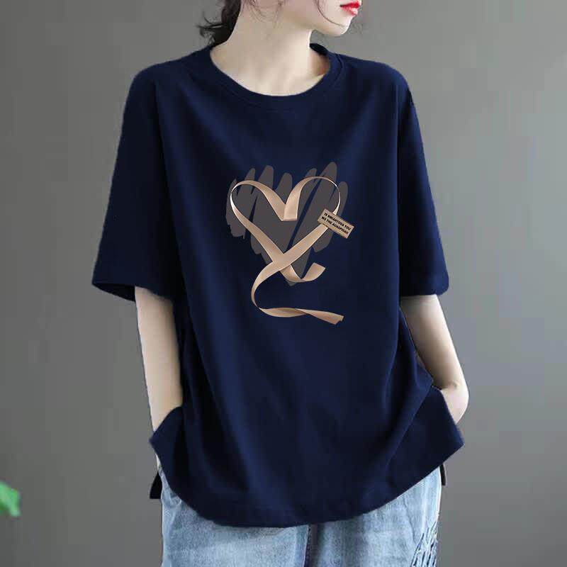欧货藏青色短袖T恤女2026新款夏季卡通印花洋气减龄休闲宽松上衣