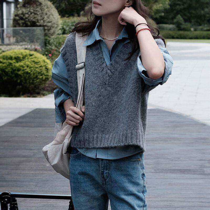 两件套装甜美复古小个子灰色针织衫马甲背心毛衣女学生蓝色衬衫