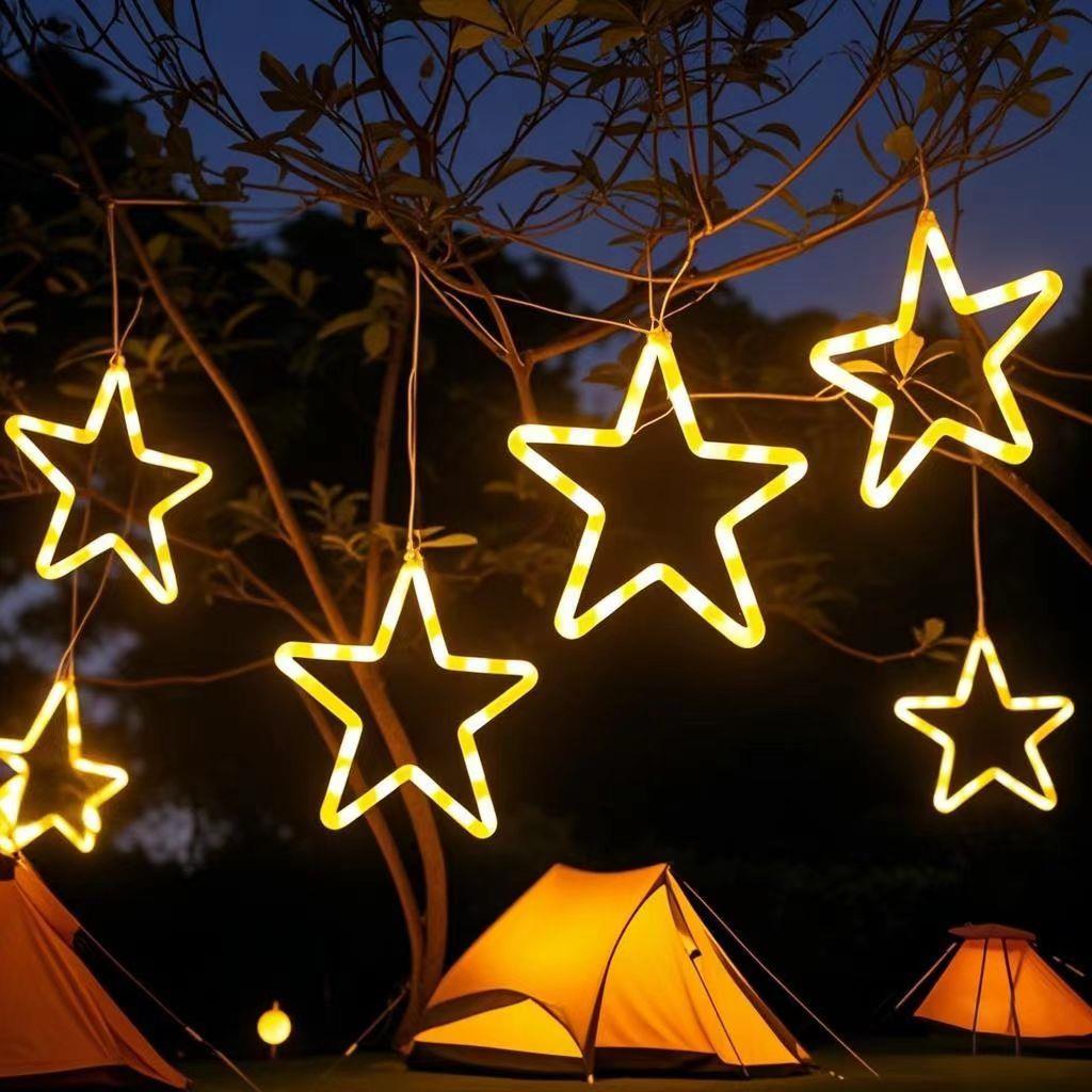 太阳能大五角星氛围装饰灯户外露营庭院挂树上耶诞花园景观灯防水