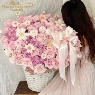 浪漫新款 仿塑藤编手提花篮复古风篮子52朵玫瑰插花篮手工花艺资材
