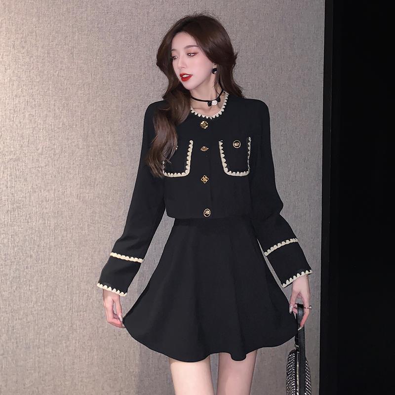 RIERA春秋新款韩系名媛气质设计小香风高级感蓬蓬裙黑色套装