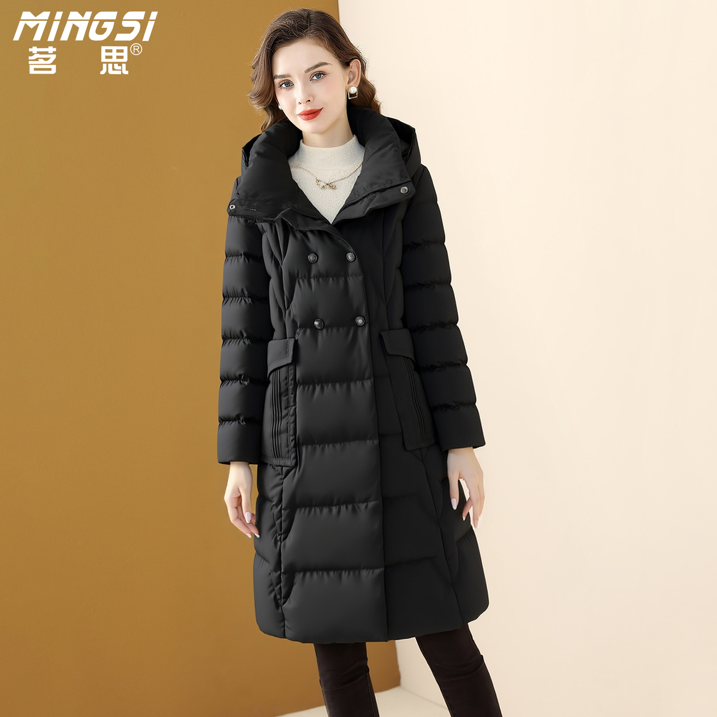 黑色连帽中长款鹅绒保暖羽绒服女