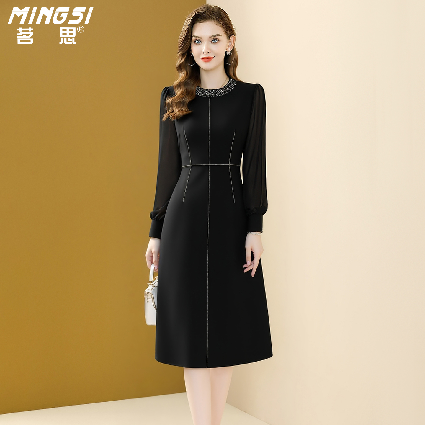 高级感黑色镶钻中长款连衣裙女