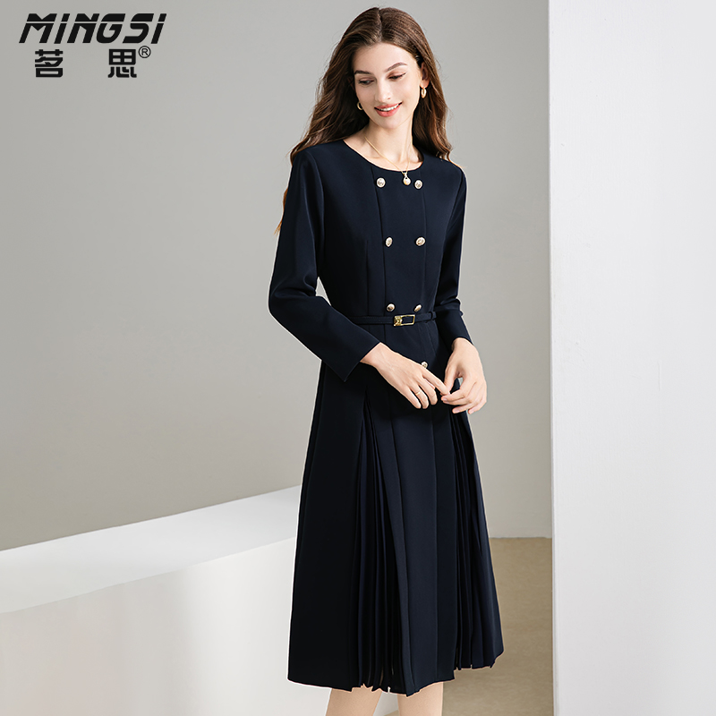 高级感气质长袖收腰百褶连衣裙