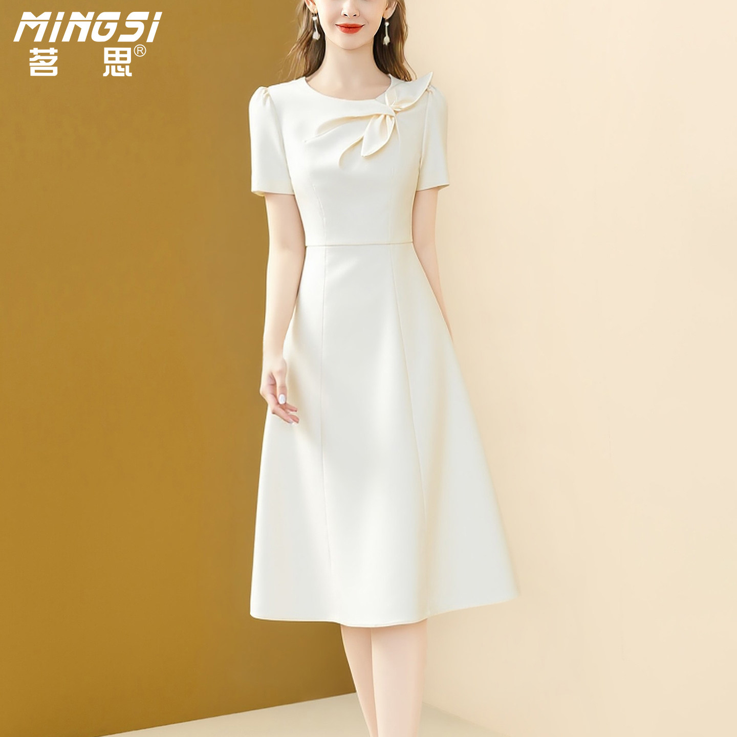 茗思高级感优雅大气连衣裙女2026夏季新款轻奢蝴蝶结遮肉显瘦裙子