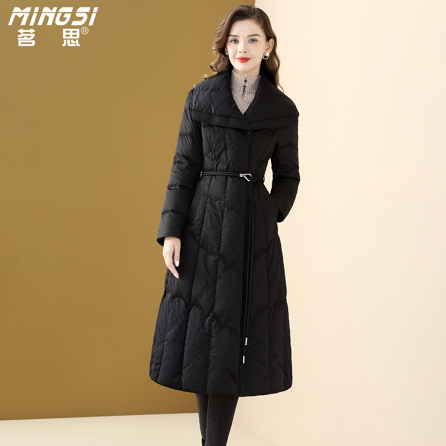 茗思黑色大翻领90白鸭绒羽绒服女2025冬季新款设计感保暖长款外套