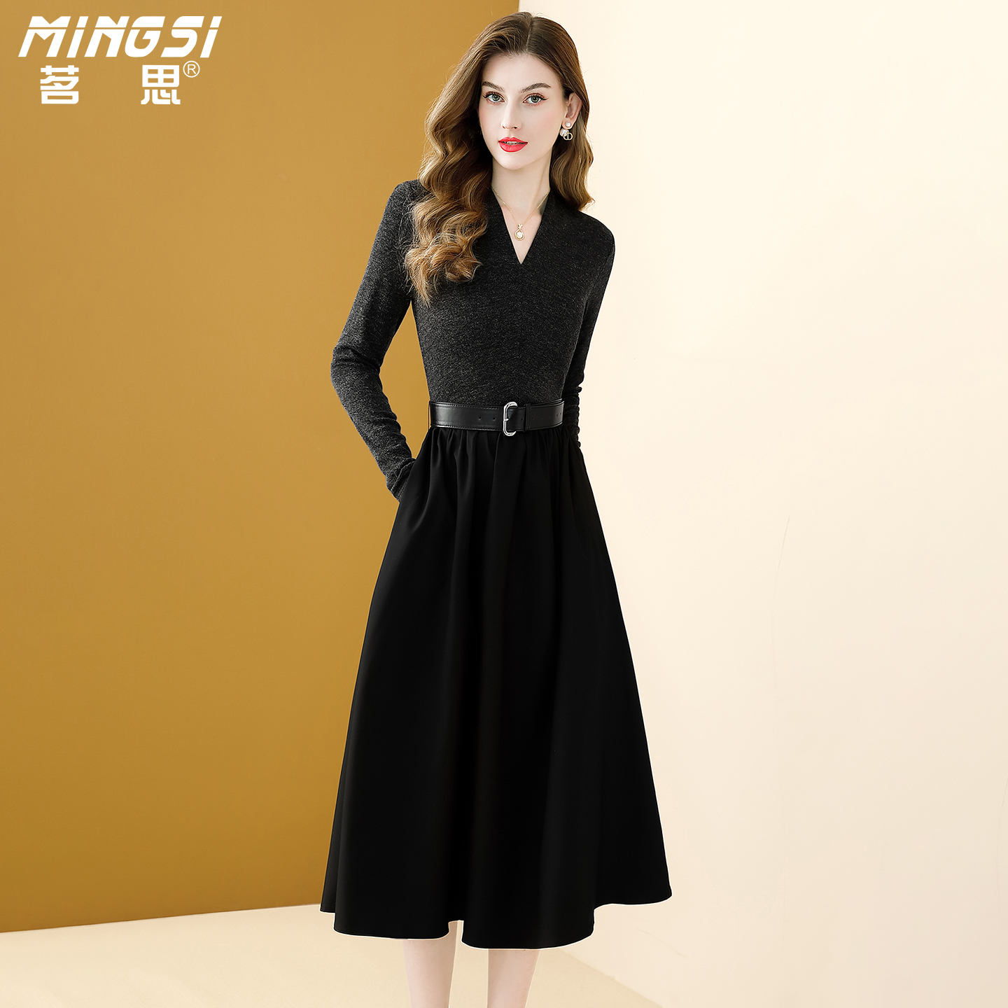 气质假两件长袖针织拼接连衣裙