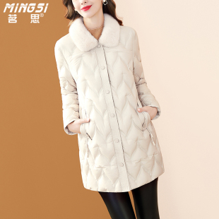 保暖外套 气质纯色中长款 茗思水貂毛领90鸭绒羽绒服女冬季 2024新款