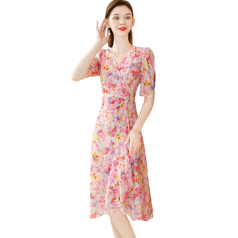 茗思真丝印花连衣裙2025新款女夏季高级感桑蚕丝显瘦V领碎花裙子
