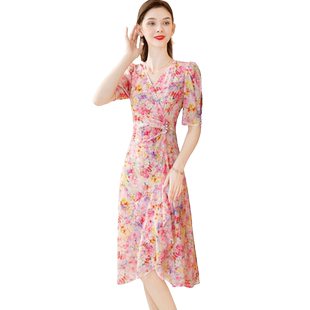 茗思真丝印花连衣裙2026新款女夏季高级感桑蚕丝显瘦V领碎花裙子