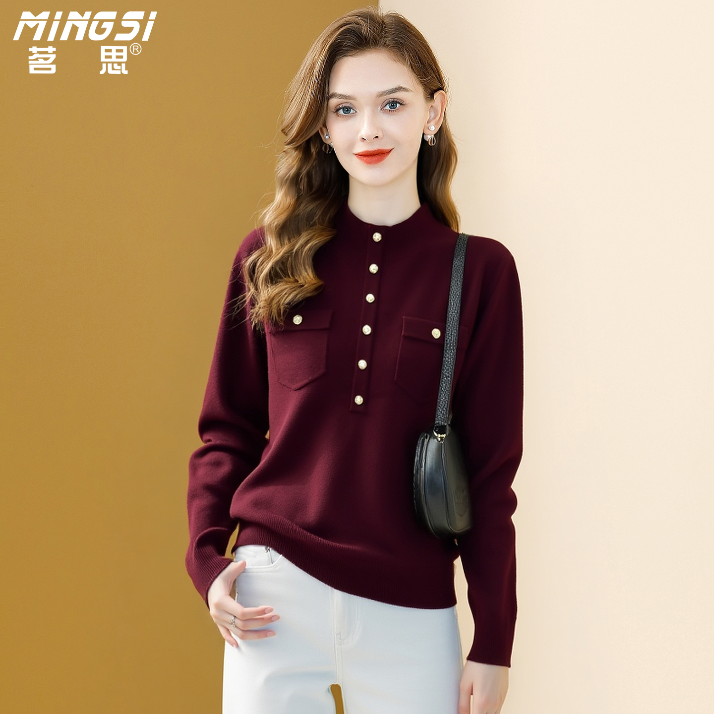 时尚半高领100%羊毛打底针织衫女