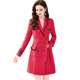 茗思名媛小香风连衣裙女春季2026新款西装领系带显瘦中长风衣外套