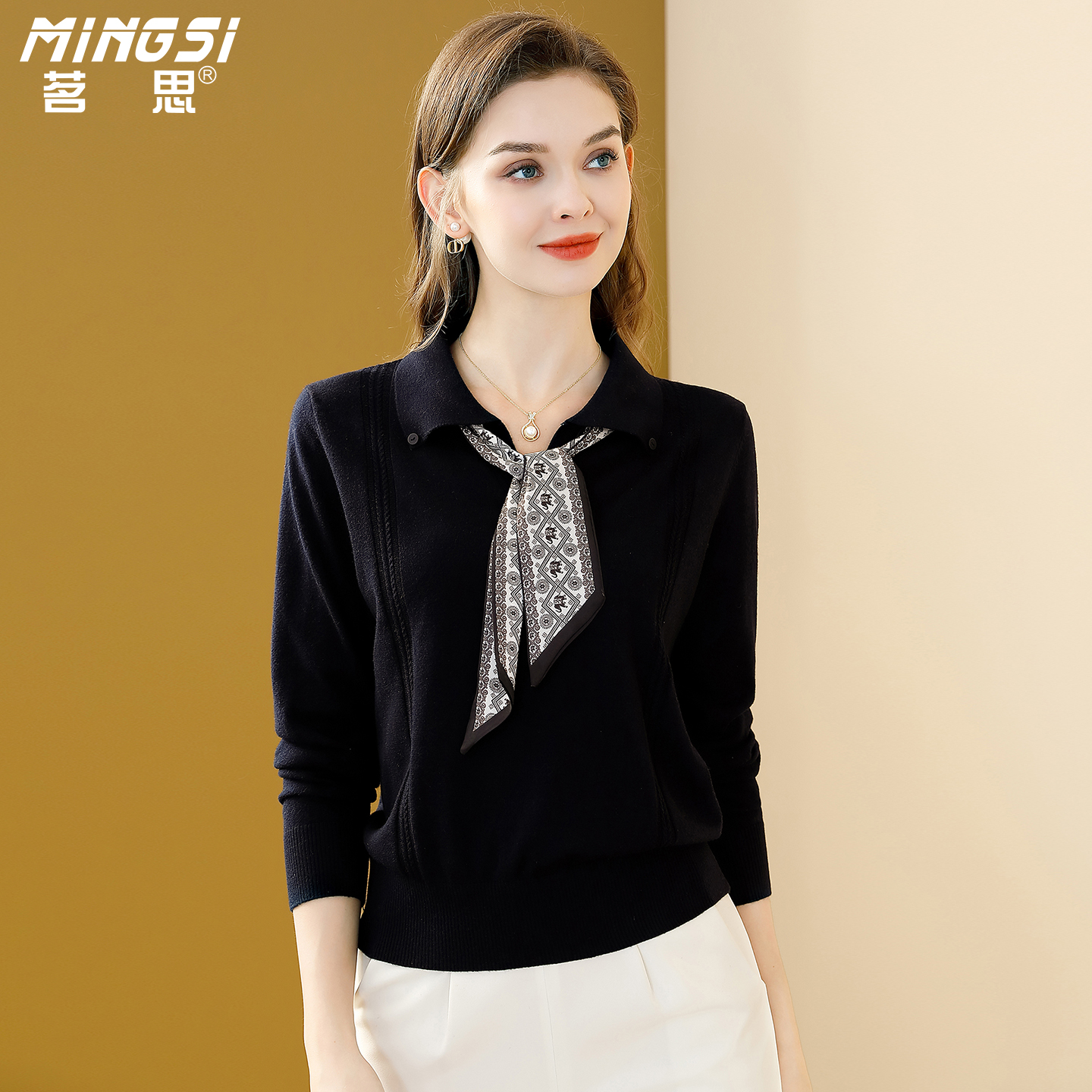 气质通勤翻领丝巾长袖针织衫女