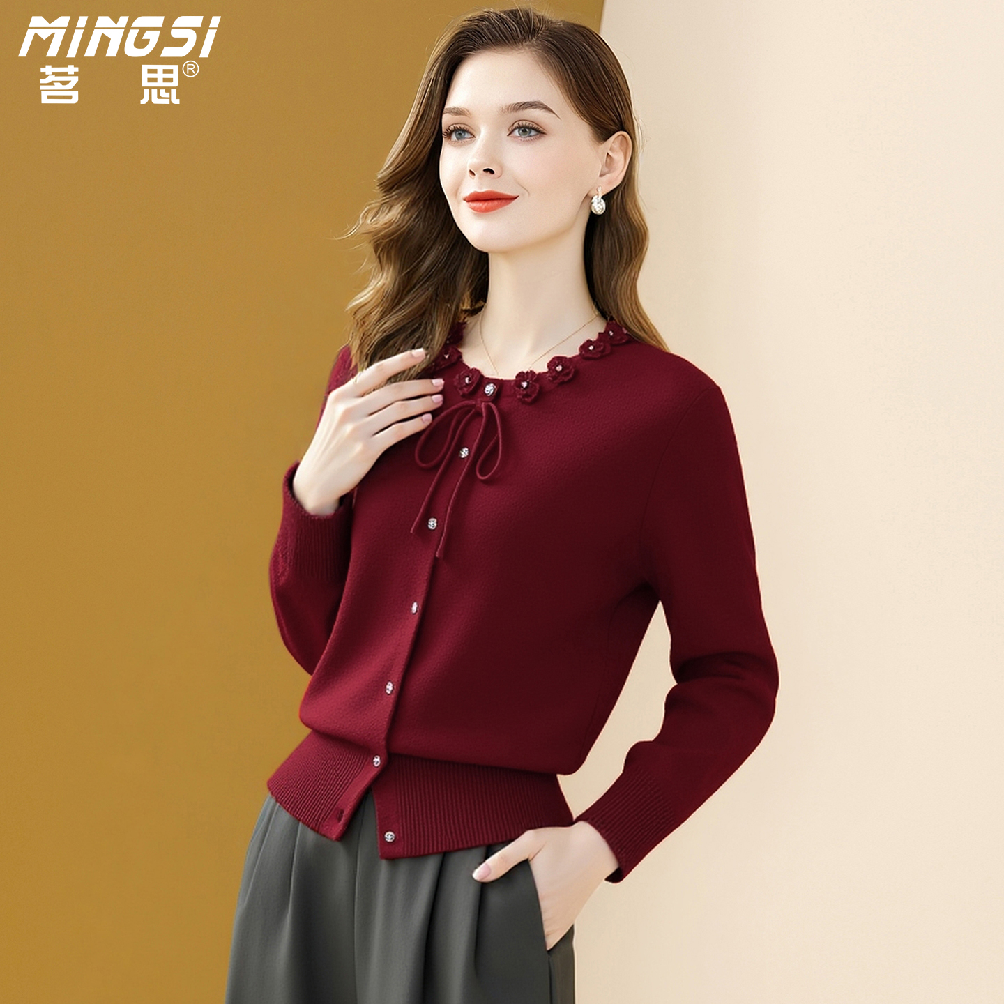 洋气立体花朵红色纯羊毛针织衫女