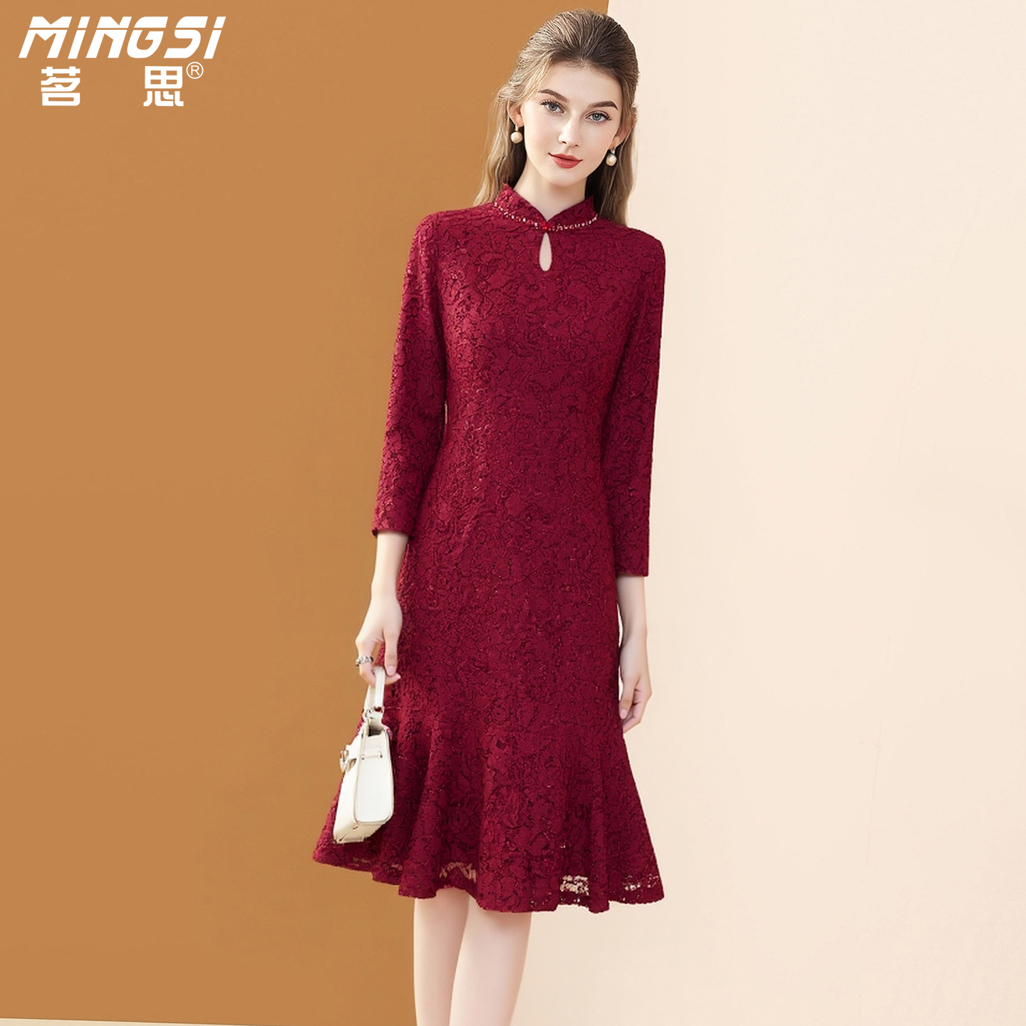 优雅精致亮片蕾丝旗袍连衣裙