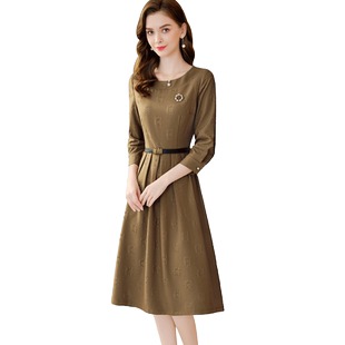 茗思高档提花七分袖连衣裙女2026春季新款气质收腰显瘦轻熟风裙子