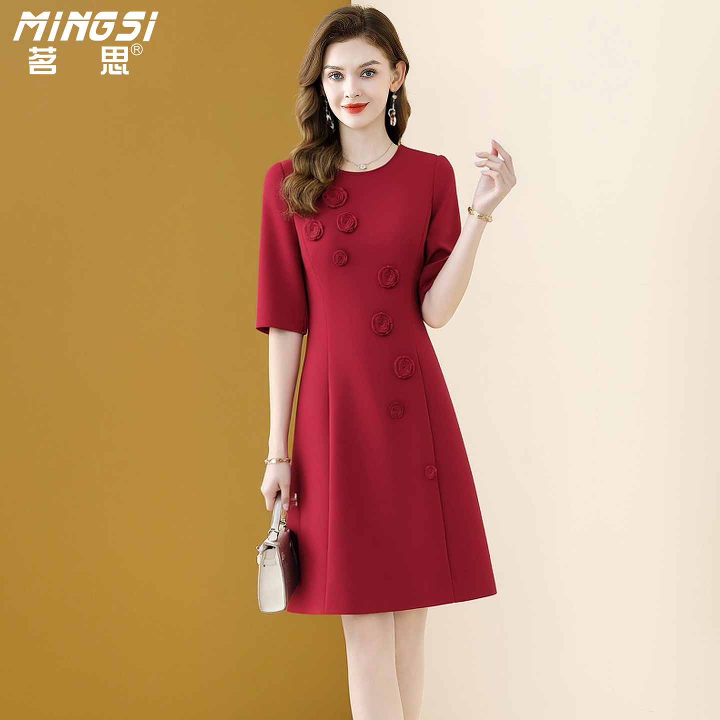 茗思高级感红色气质连衣裙女2026春季新款小个子立体花朵显瘦裙子,女装/女士精品,连衣裙,淘宝优惠券,粉丝福利购,淘宝优惠卷