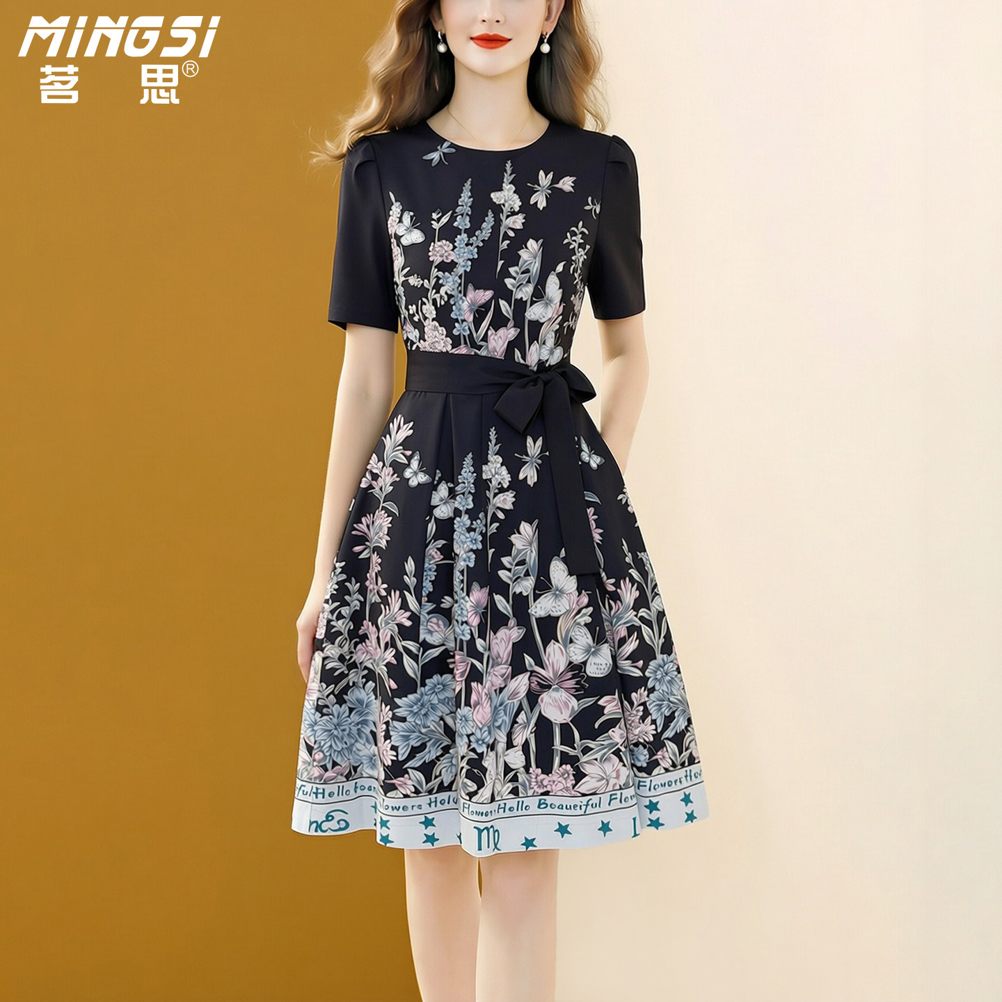 茗思时尚印花短袖连衣裙女2026夏季新款轻奢气质系带收腰显瘦裙子