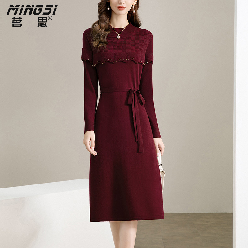 茗思纯羊毛针织连衣裙女冬2025新款红色系带显瘦过膝中长款毛衣裙,女装/女士精品,连衣裙,淘宝优惠券,粉丝福利购,淘宝优惠卷