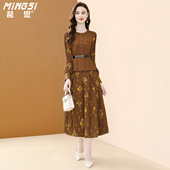 气质拼接长袖 茗思假两件印花连衣裙女2026春季 新款 收腰显瘦大摆裙