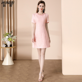 茗思小香风钉珠连衣裙女2025夏季 高级感粉色提花收腰显瘦裙子 新款