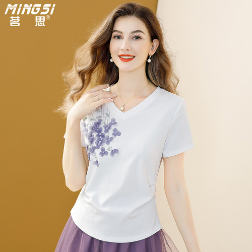 时尚气质休闲亮片花朵短袖T恤女