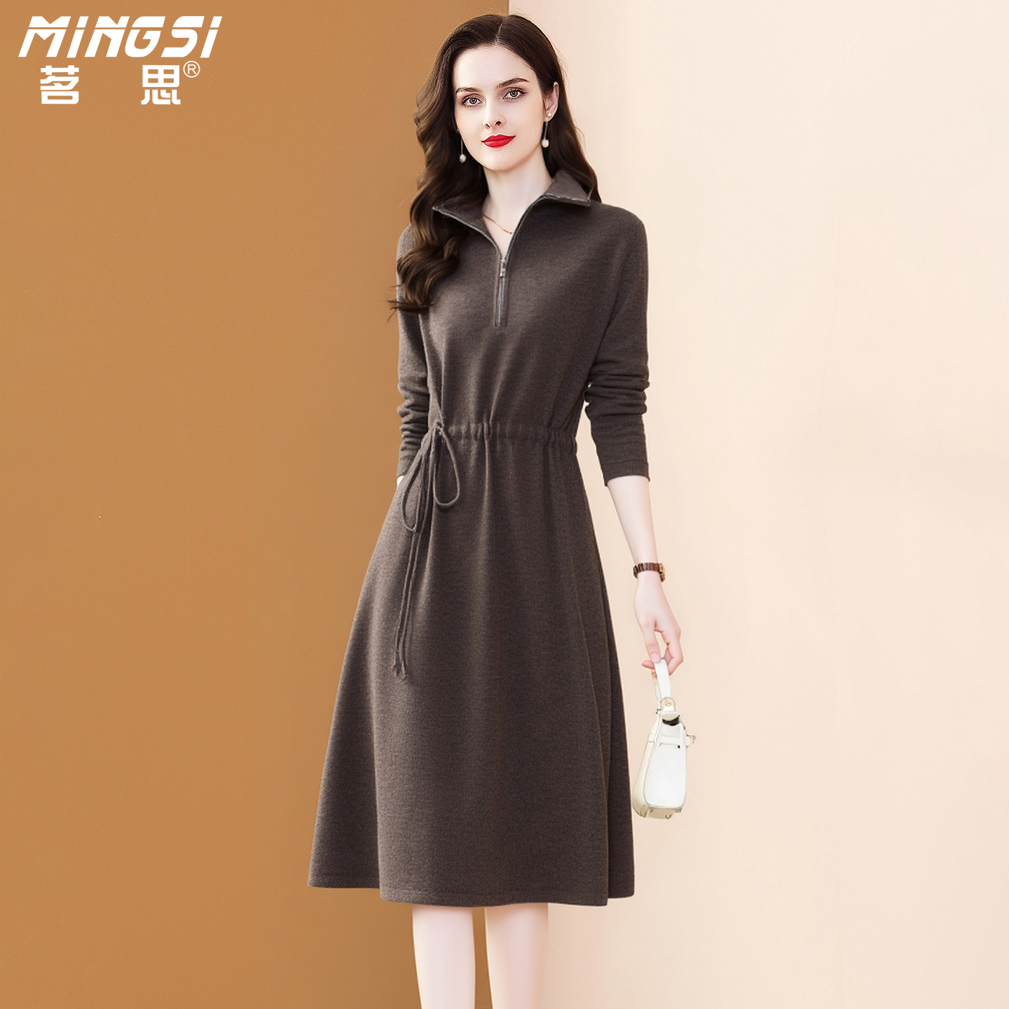 100%羊毛拉链高领针织连衣裙女